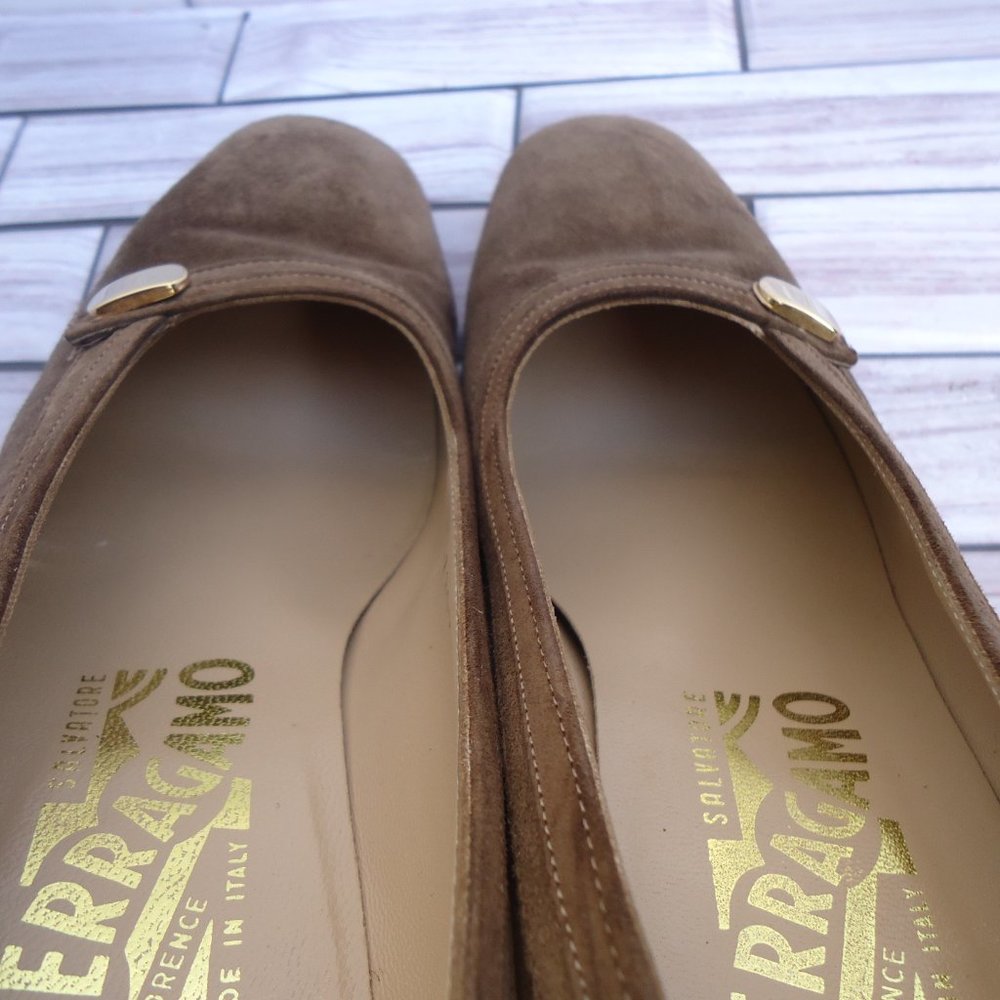SIZE 6.5 B. Salvatore Ferragamo brown suede leather slip on heels. - Picture 12 of 16